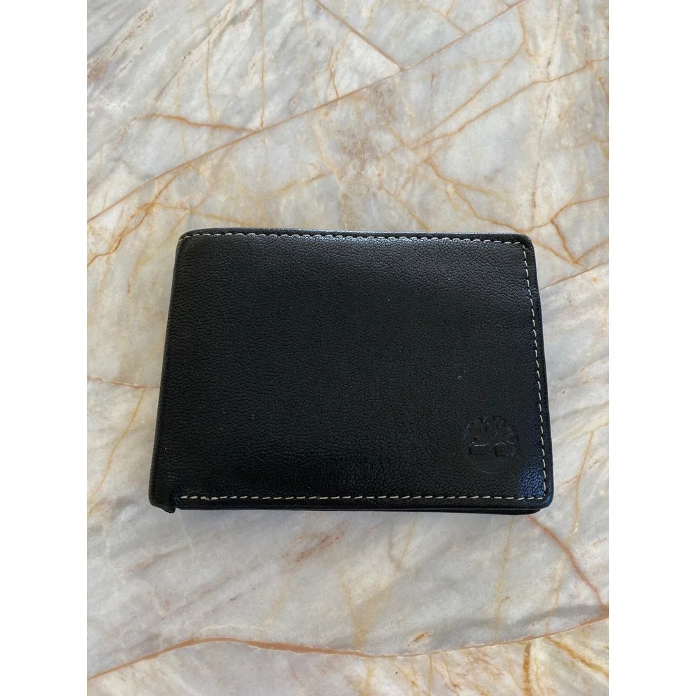 Timberland Mens Black Leather Bifold Wallet Contrast Stitch Embossed Tree Logo